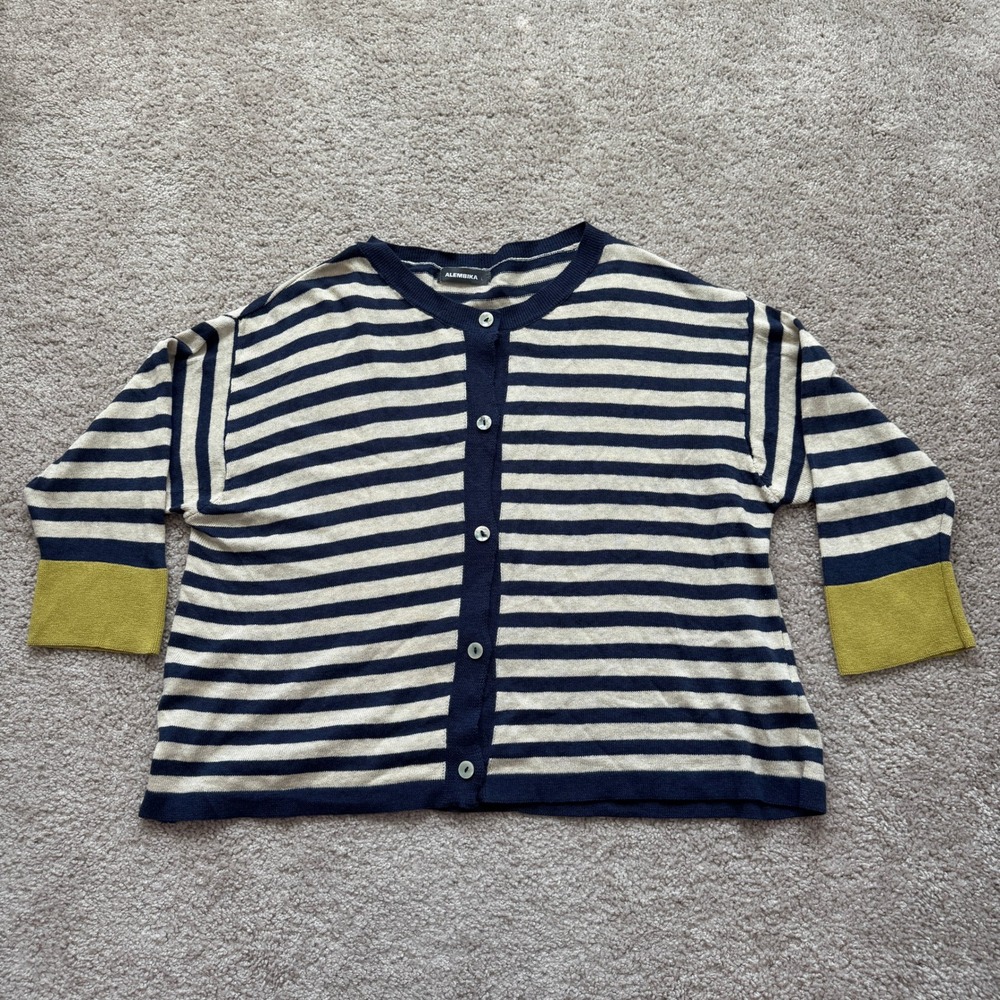 Alembika Striped Cardigan Navy Tan Chartreuse Cuffs Nautical Beach Office L